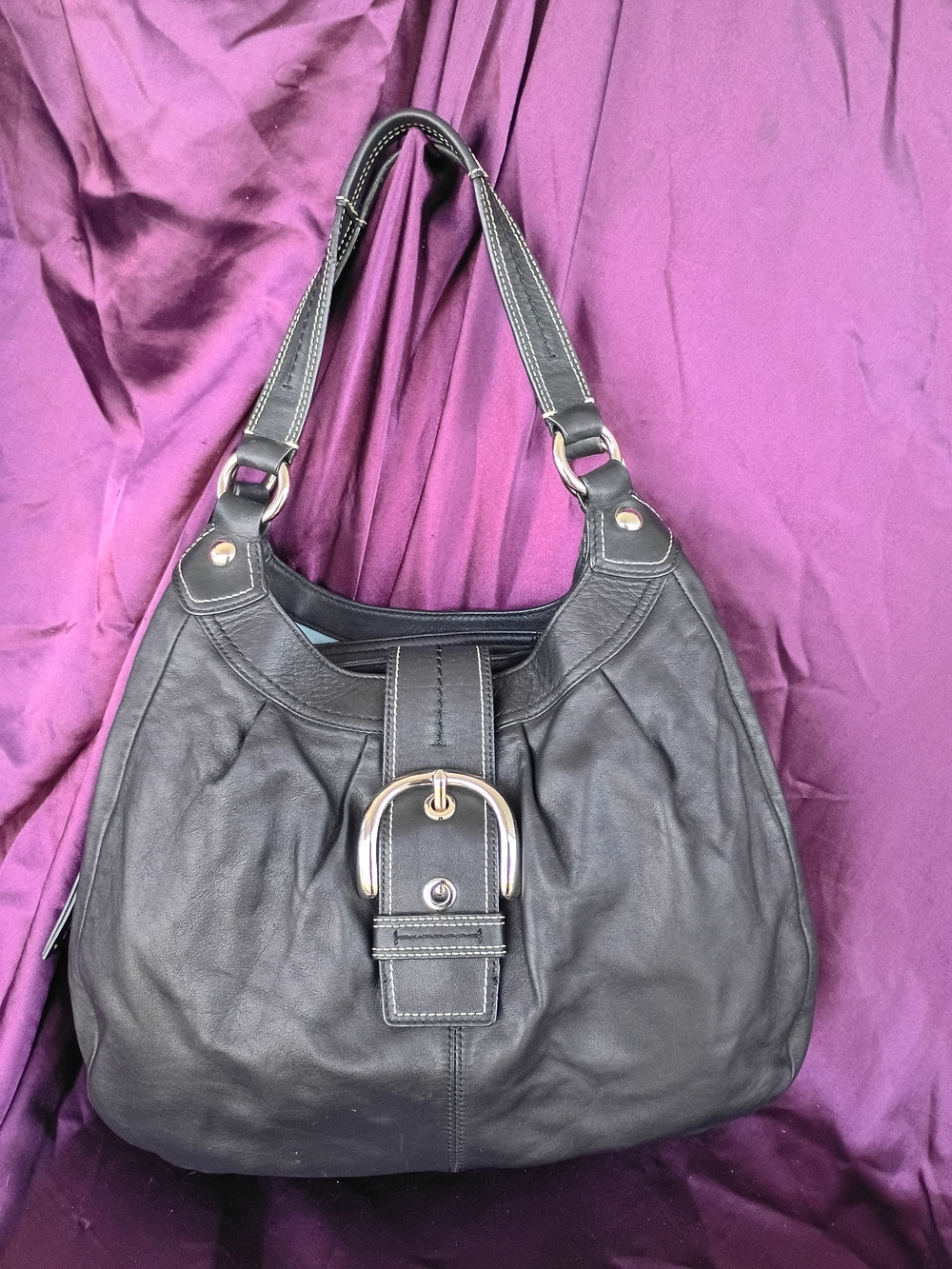 Coach Lynn Hobo Black Leather Shoulder Bag with Silver Buckle